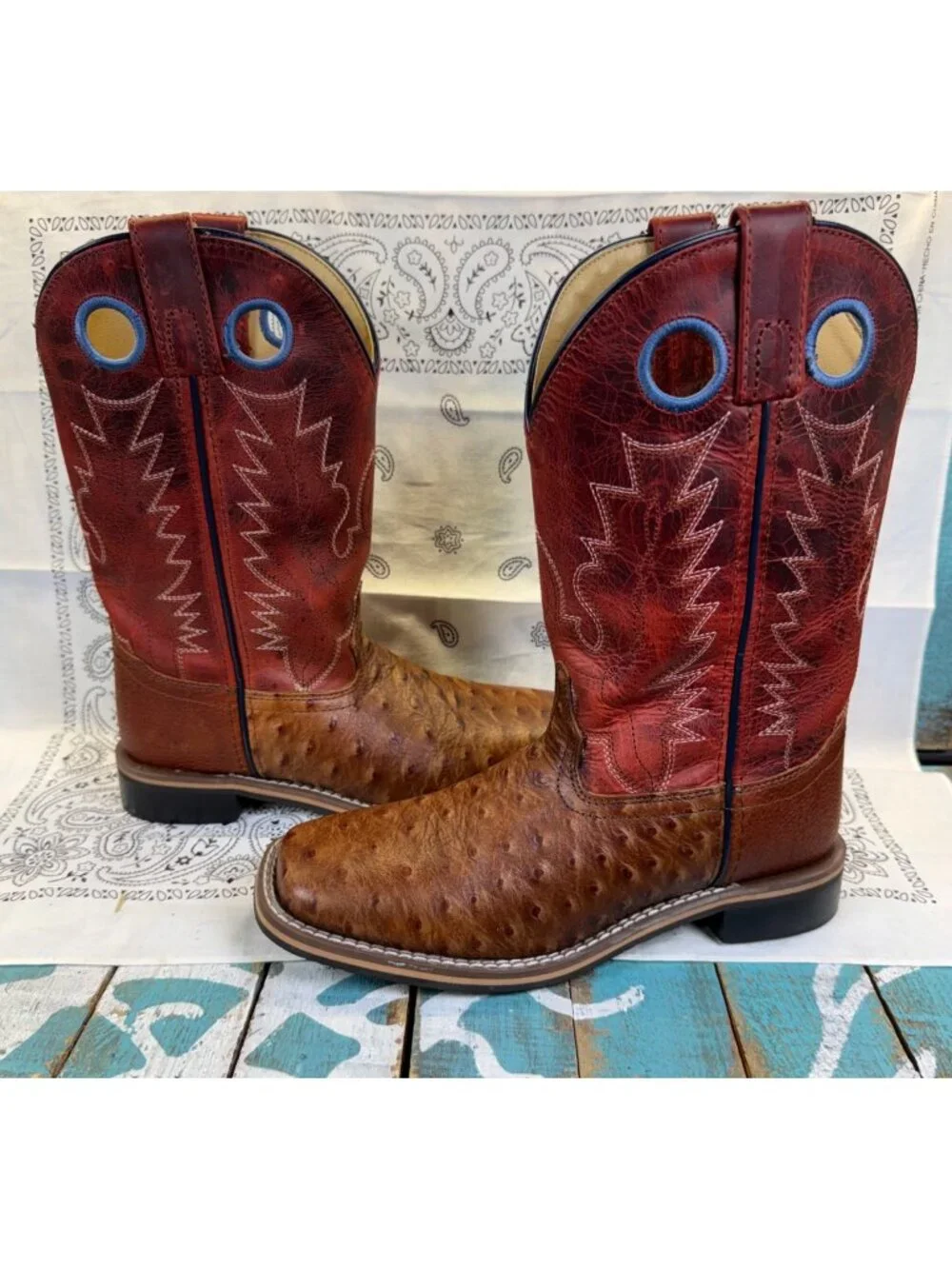 Smoky Mountain Boys Sz 4 Ostrich Print Western Boot Square Toe 3752Y Worn 1X